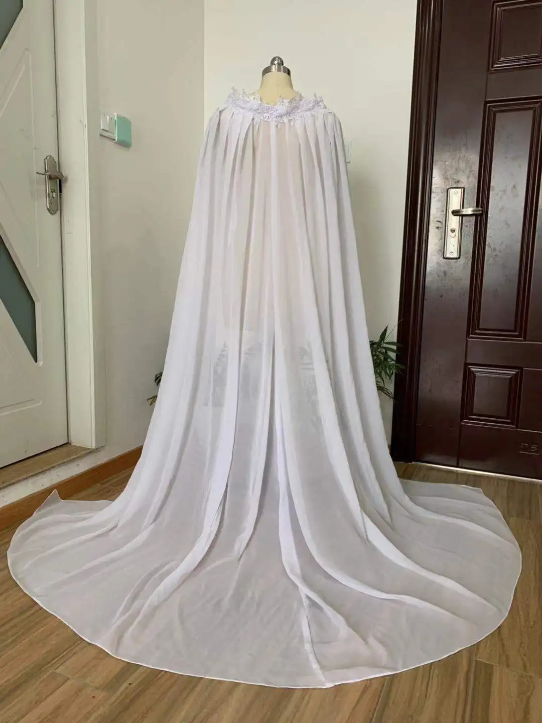 

Black white ivory lace &chiffon Cape Elegant Bride Warps Long Train Evening Dress Coat Women Bolero Bride cloak Long Cape