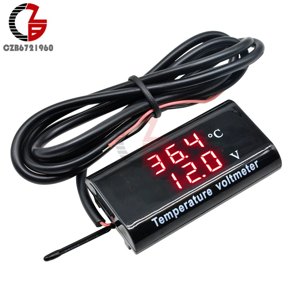 DC 12V Digital Temperature Voltmeter Meter IPX6 Waterproof for Boat Motorcycle 0.28 inch LED Display Volt Voltage Meter Battery