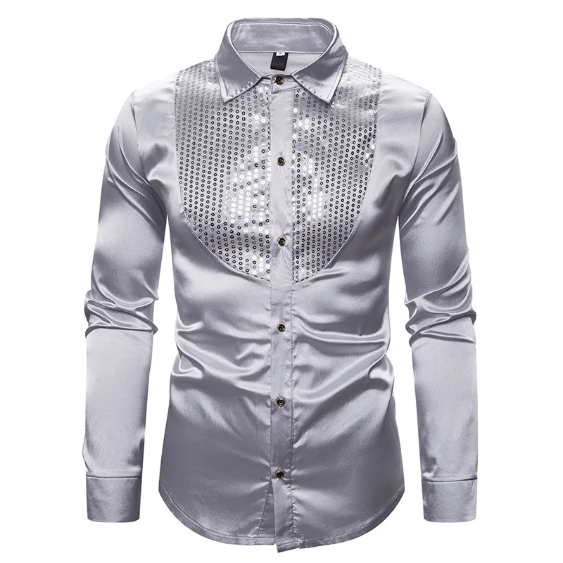 Camicia da uomo a maniche lunghe da sposa per uomo Camicia da lavoro morbida e confortevole con lucentezza Camicia da uomo formale con paillettes stile Inghilterra Top da uomo