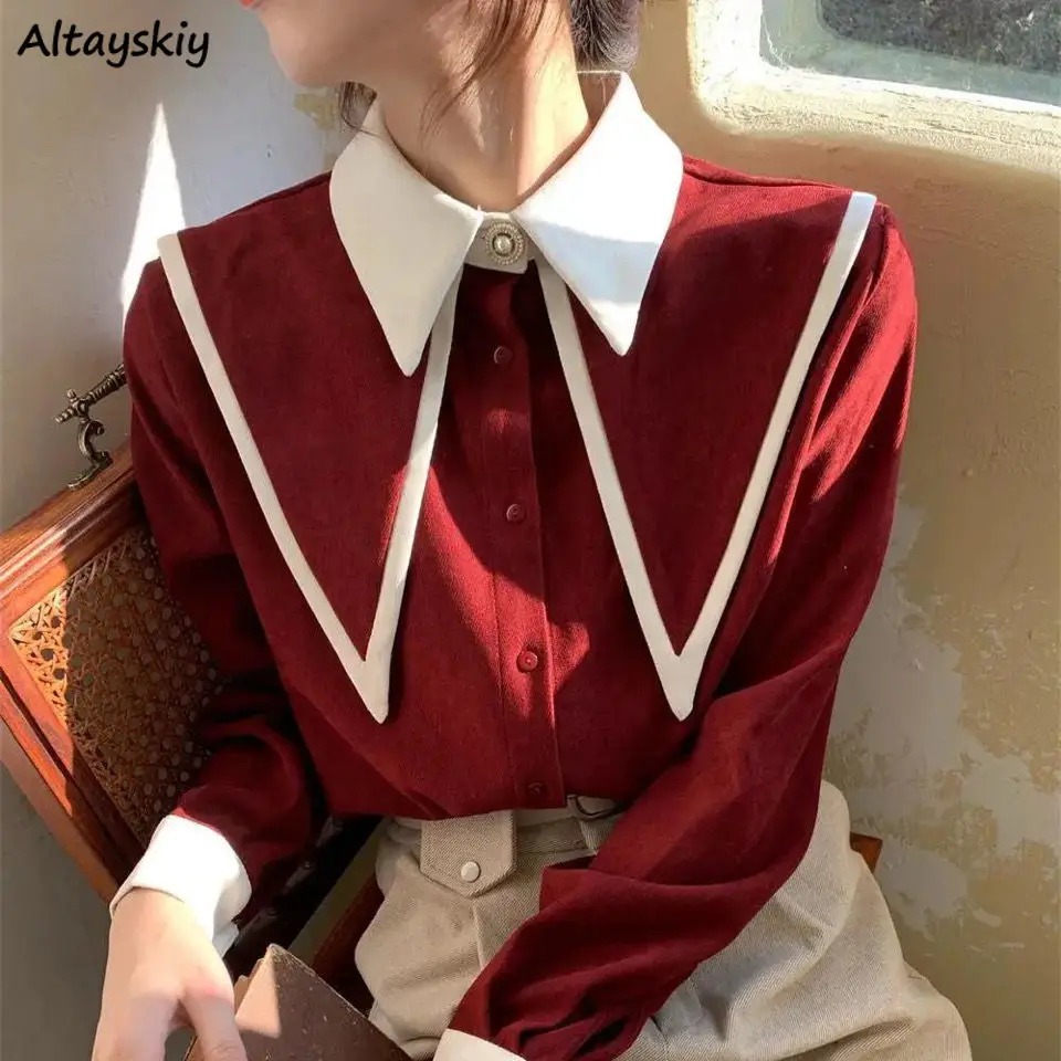 Shirts Women Spring Casual Students Preppy Korean Style Elegant Sweetie Fashionable Patchwork Long Sleeve Slim Turn Down Collar