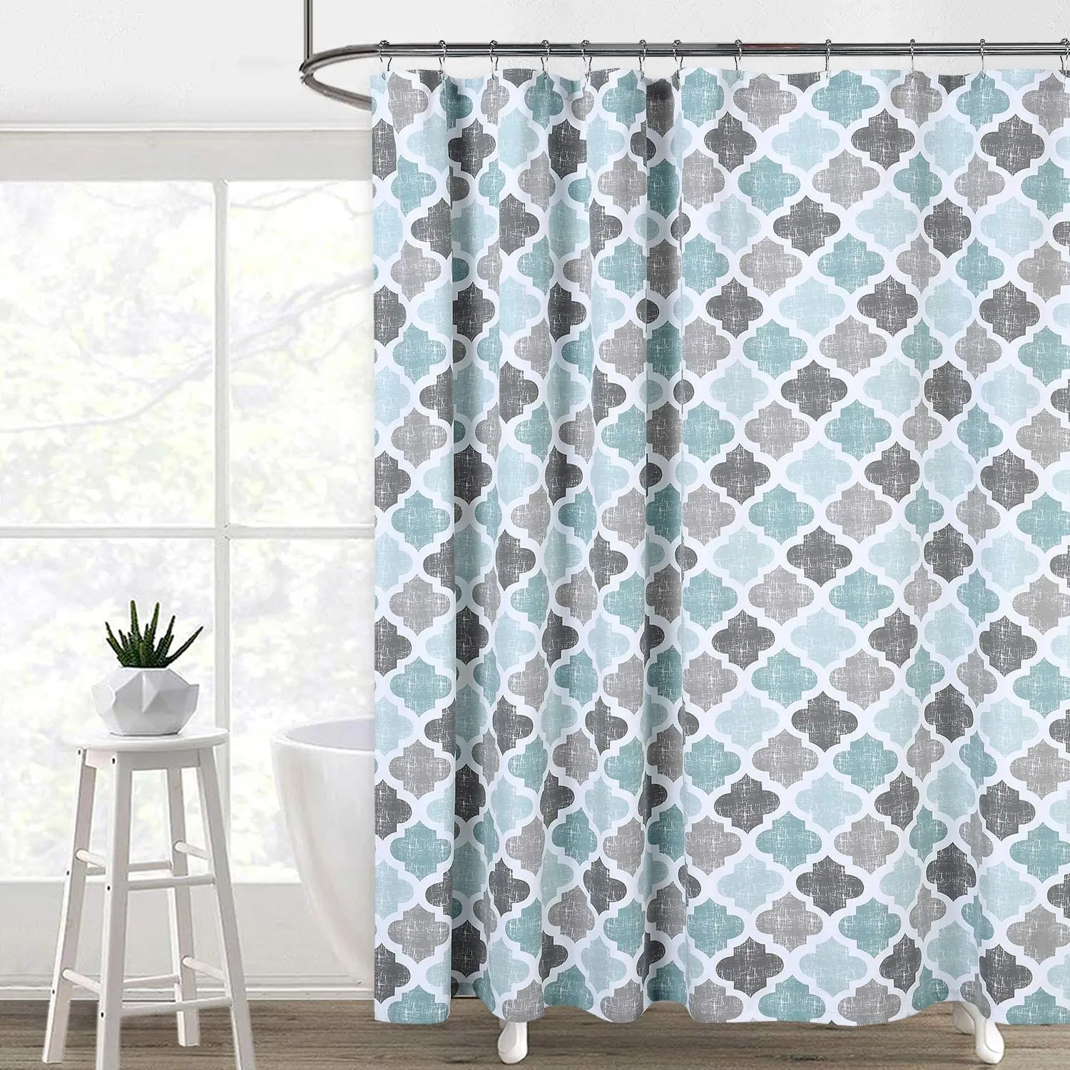 Geometric Quatrefoil Pattern Shower Curtains Modern Teal Grey Spell Color Bathroom Decor Fabric Hanging Curtain Bathtub Set