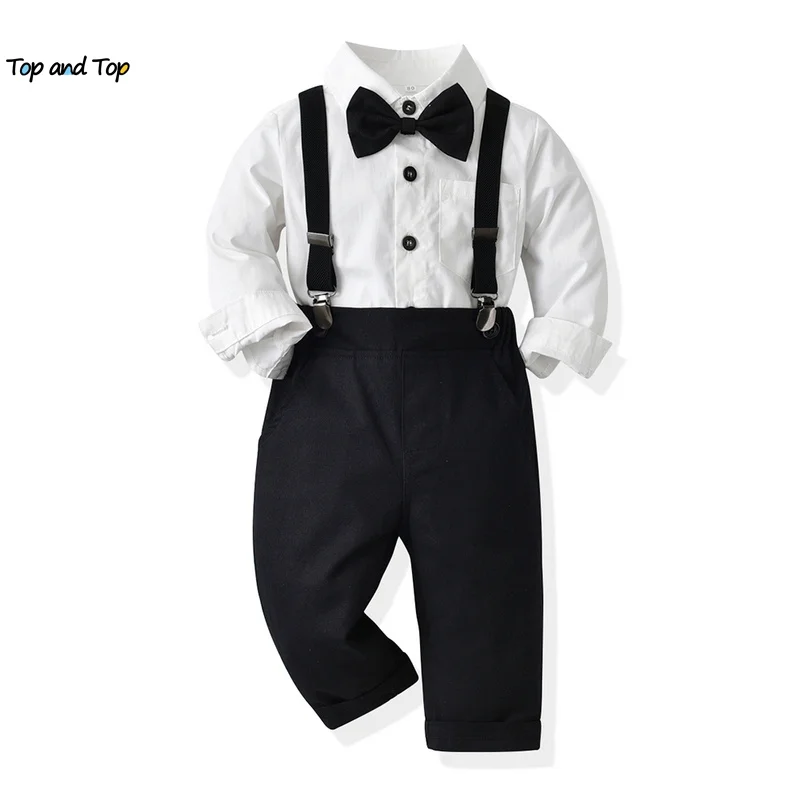 top and top Autumn Winter Toddler Boys Casual Clothing Set Long Sleeve Bowtie Shirt Tops+Overalls Gentleman 2PCS Outfits Tuexdo