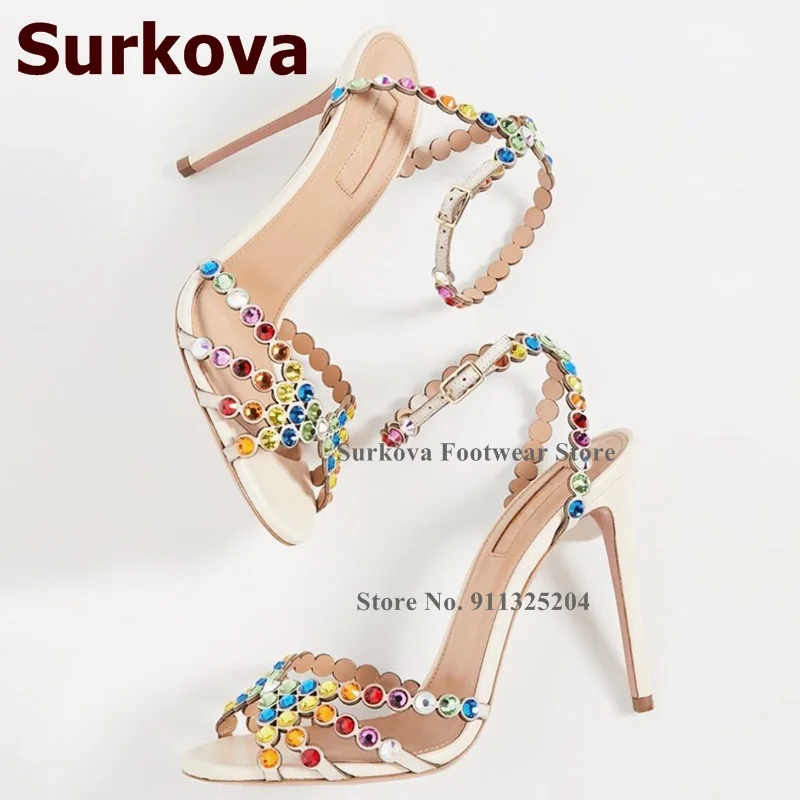 Surkova Bling Bling Crystal Wedding Shoes Purple Green Glitter Rhinestone Strappy High Heel Sandals Elegant Nice Dress Pumps