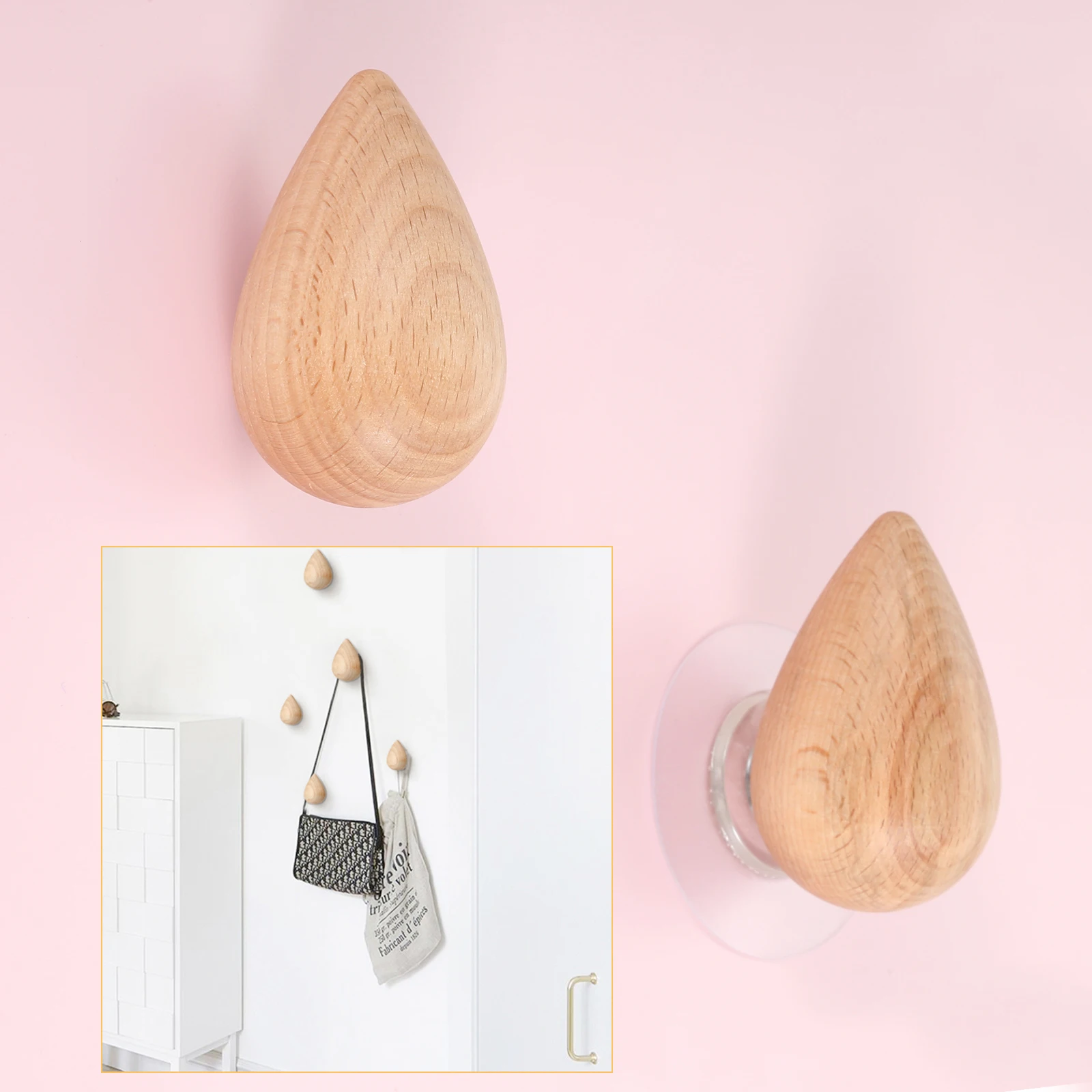 1set Water Drop Shape Wall Hook Solid Wood Hanger Creative Art Rack Nordic Style Coat/Hat/Bag/Towel Kitchen Bathroom Decor Home