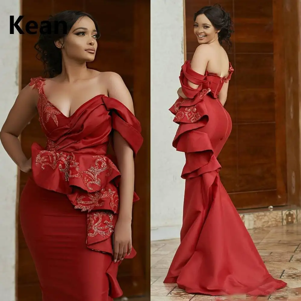 New Arrival Red Off the Shoulder Muslim Evening Dress Satin Mermaid Islamic Dubai Kaftan Saudi Arabic Prom Dress Custom Made