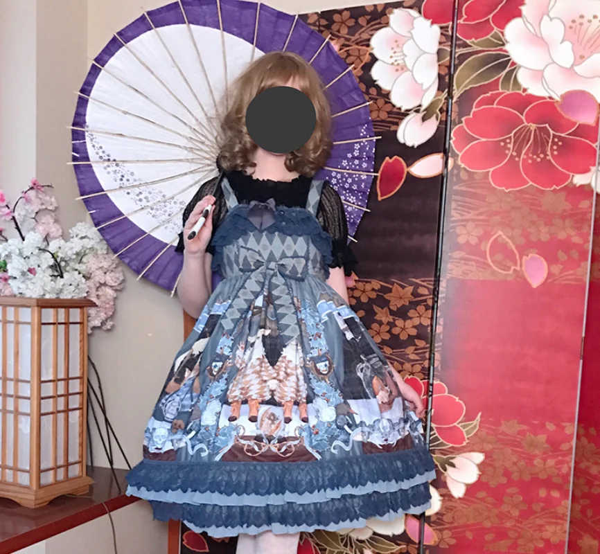 Lolita Jurk Leuke Printing Vintage Paleis Kant Zomer Chiffon Hoge Taille Victoriaanse Jurk Kawaii Meisje Gothic Lolita Loli Cos