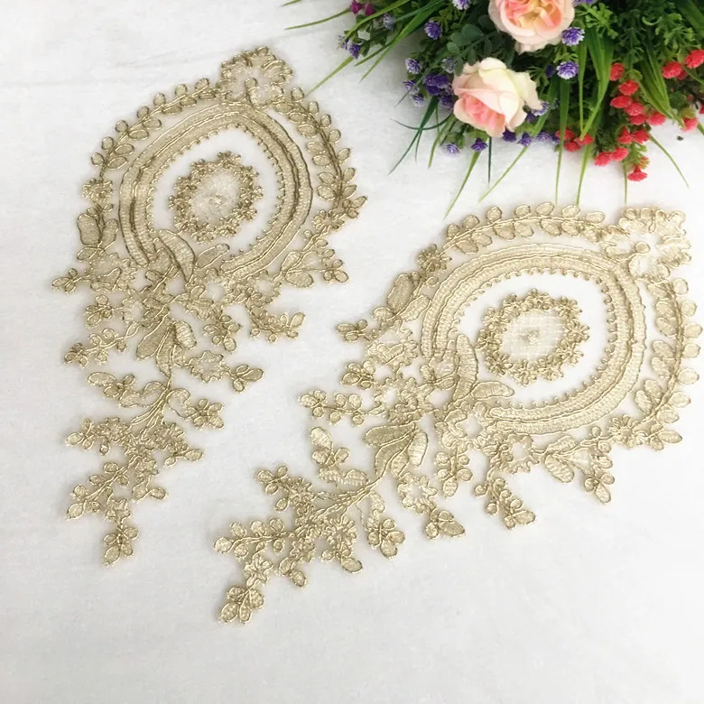 2Pcs/30X14cm Light Gold Pink Pineapple Flower Venise Flower Lace Applique Trim Wedding Dress Sewing Lace Patch