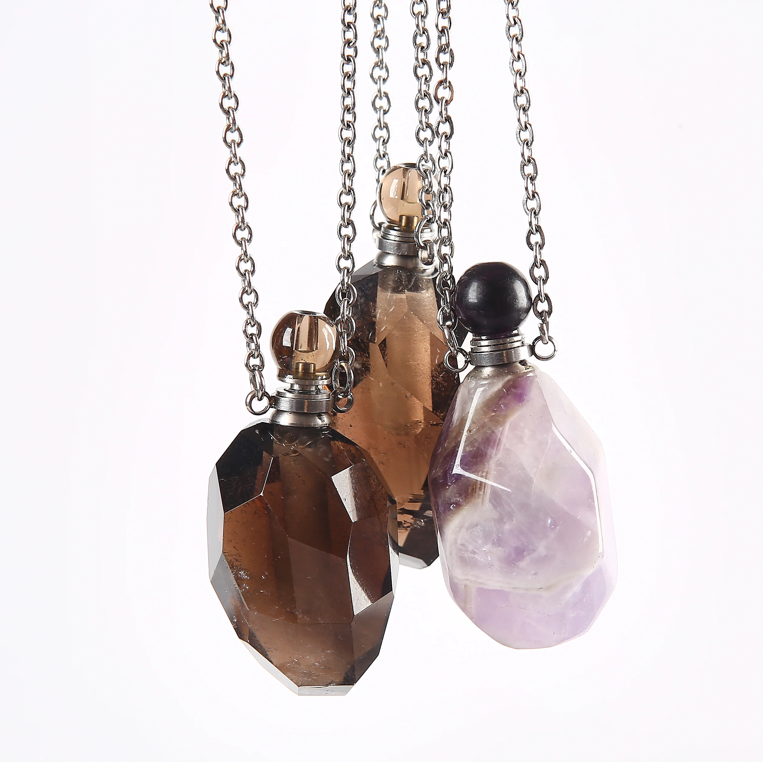 Pendant Perfume Bottle Necklace Natural Pink Quartz Tiger Eye Stone Jewelry