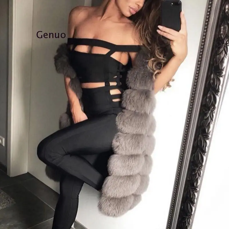 

Luxury Women Faux Fur Jackets Sleeveless Slim Long Faux Fur Vest Gilet Furry Warm Winter Overcoat Women 90Cm