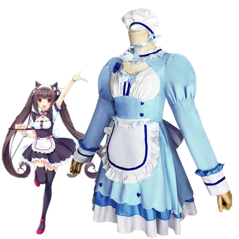 Halloween Carnival Costumes Japanese Anime Nekopara Chocola Maid Dress Uniform Cosplay Costume Special Cute Blue Red Cloth Hot