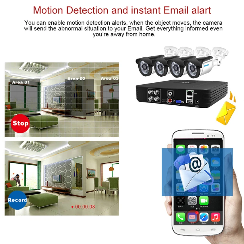 Smar CCTV Camera Security System Kit 4CH 720P/1080P AHD Camera Kit 5 in 1 Hybrid DVR telecamera impermeabile visione notturna allarme e-mail