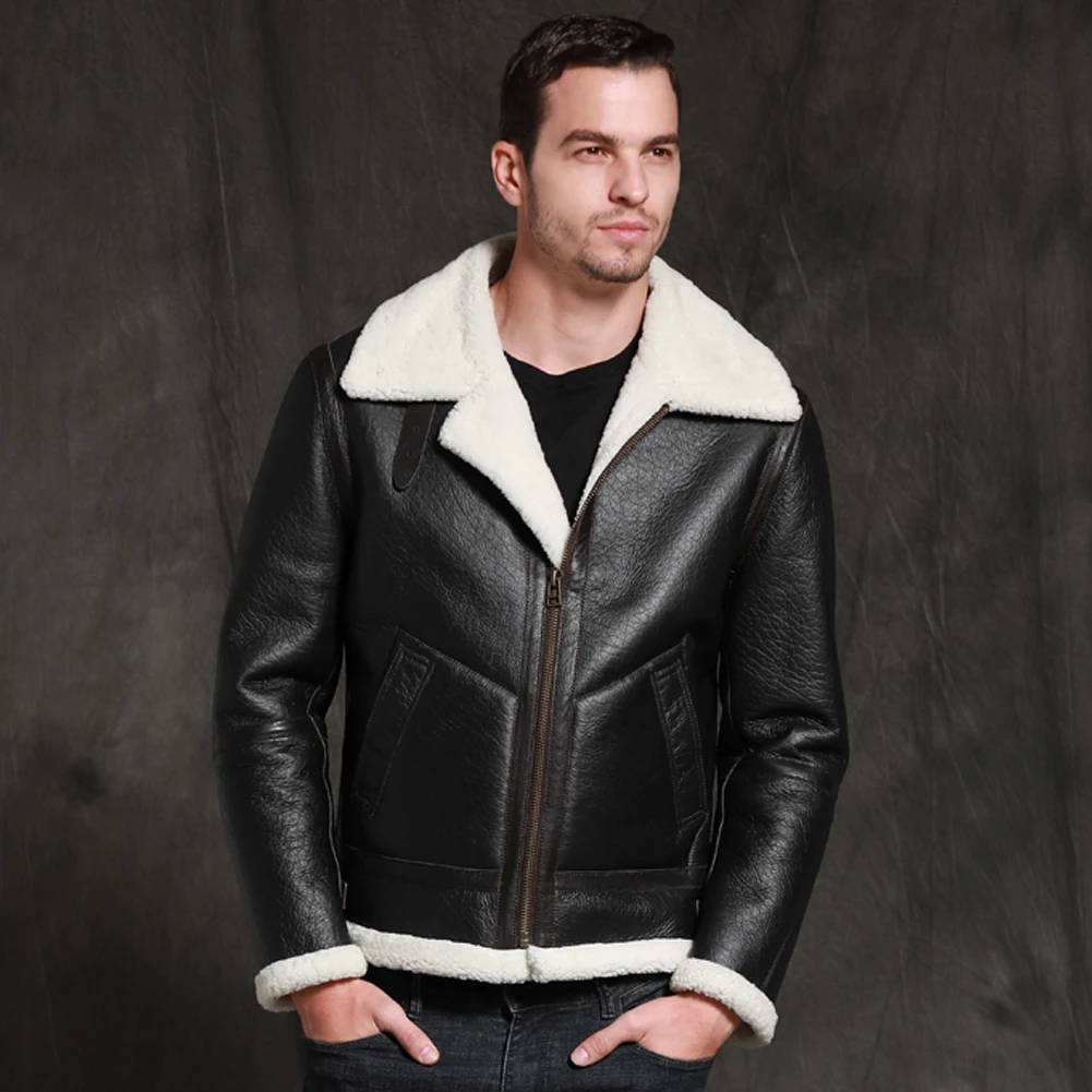 

Mens Black B3 Shearling Jacket Sheepskin Coat 2019 New Short Leather Jacket Fur Coat Thick Mens Winter Coats