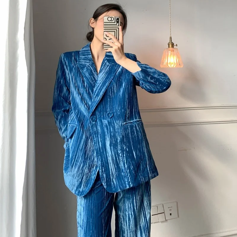 

New Fashion Women Blue Velvet Blazer Pants Two Piece Set Double Breasted Suit Jacket Wide Leg Pants Office Ladies Loose Suit Set