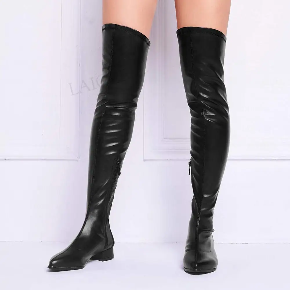 

SEIIHEM Summer Spring Women Over The Knee Boots Pointed Toe Flat Heels Faux Leather Shoes Woman Back Zip Large Size 41 42 46 47