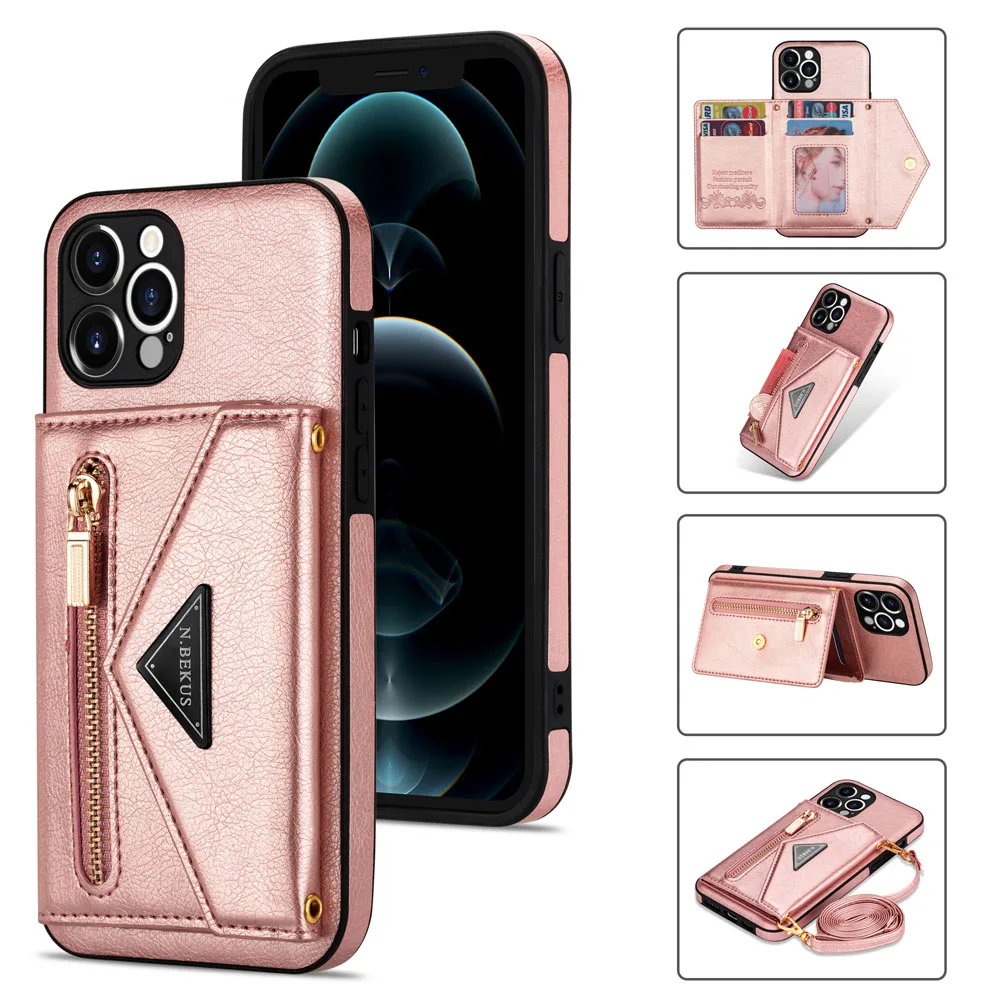 Wallet Leather Lanyard Phone Case For iPhone 14 13 12 11 Pro Max mini XS Max XR X 8 7 6 Plus Case Card Bag Crossbody Strap Cover