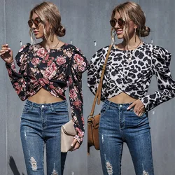 Women Blouse Floral Fashioni Chiffon Shirt Top Autumn Women Crop Tops Puff Long Sleeve Shirt Black Lady Casual O-neck Slim Fit