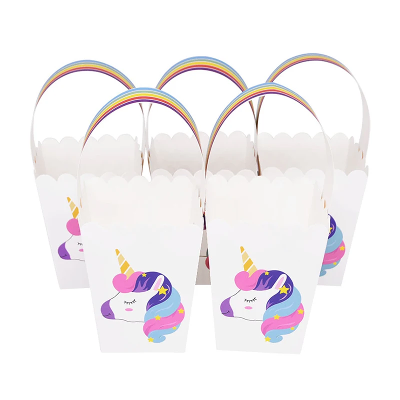 Papier, jednorożce cukierki prezent torba impreza jednorożec Cookie pudełko na Popcorn dla dzieci dziewczyna materiały do dekoracji przyjęcia urodzinowego Baby Shower Favor — zdjęcie 7