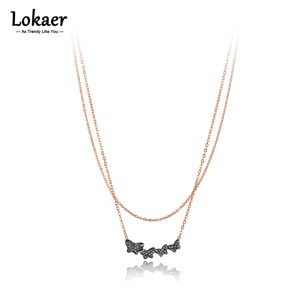 Lokaer Titan Edelstahl Kristall Schmetterling Charm Anhänger Halsketten Böhmen Doppels chicht Tier Halskette für Frauen n21173