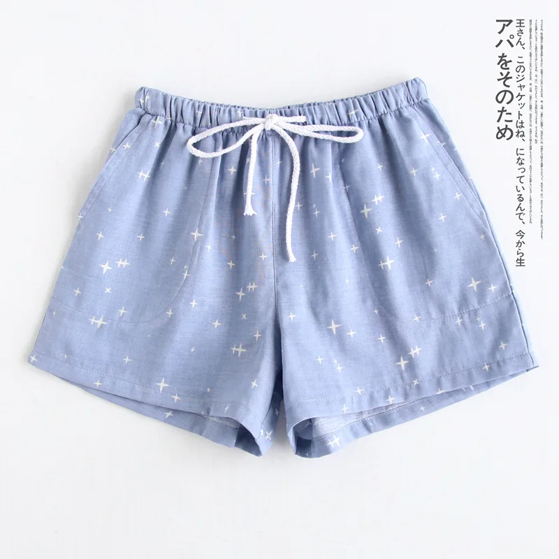 Summer Men and Women Pyjama Bottoms Couple Small Stars Print Cotton Double Layer Gauze Elastic Waist Sleep Shorts Lounge Pants