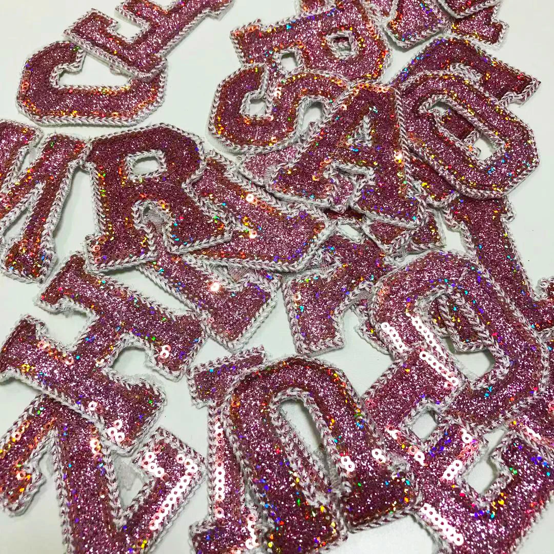 New Pink Sequins Letter Alphabet Patch For Clothes Iron On Garment Accessories Embroidered Applique Decoration Repair Patches