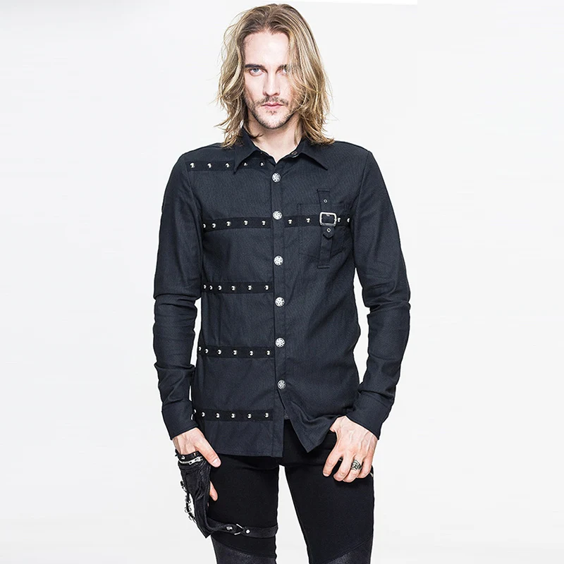 

New Black Long Sleeve Turn Down Collar Rivet & Belt Buckle Goth Shirt Steampunk Clothing Men's Medieval Vintage Top Streetwear