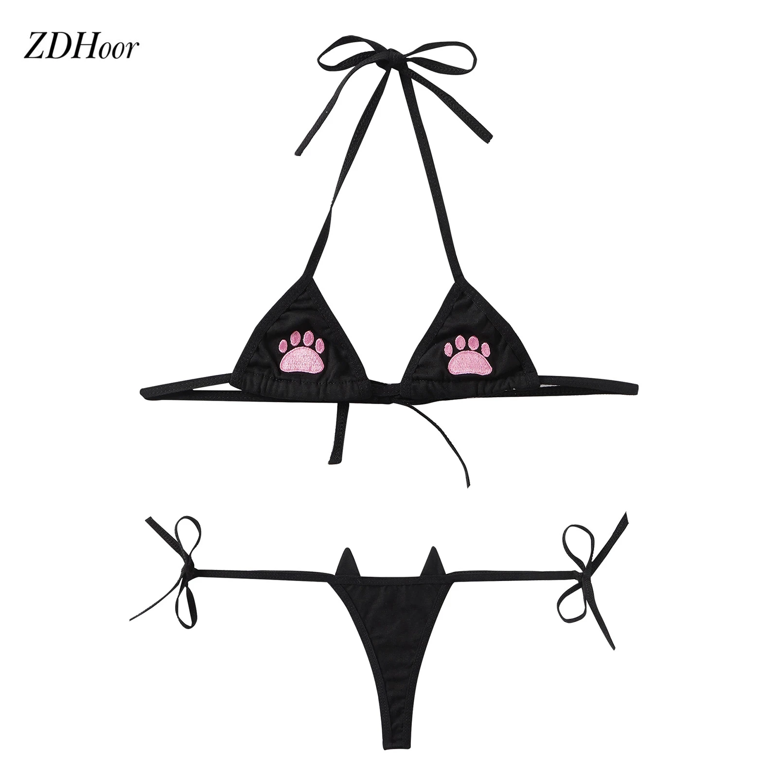 2pcs Sexy Lingerie Bra Set Women Cartoon Cat Paw Embroidered Bikini Set Ladies Swimsuit Swimwear Halter Neck Bra With G-string