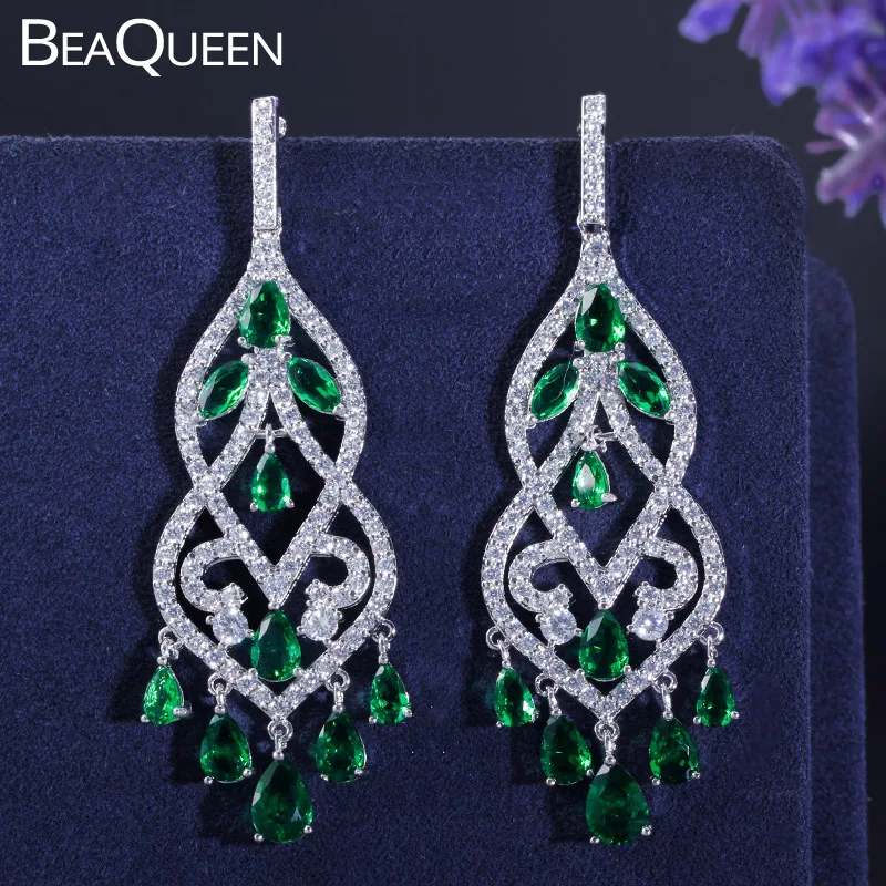 BeaQueen Famous Designer Women Jewelry Noble Green Cubic Zircon Long Drop Bridal Wedding Chandelier Earrings for Brides E049