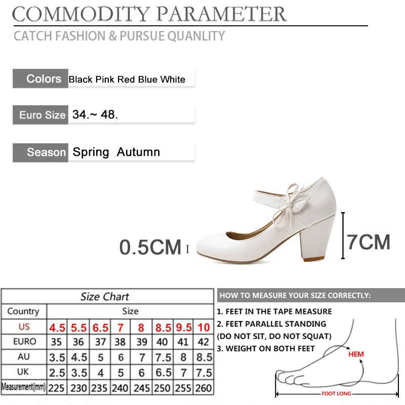 BYQDY Women Pumps 7cm High Thick Block Heels Round Toe Mary Janes Footwear Wedding Dress Office Lady Ankle Strap Shoes with Bow