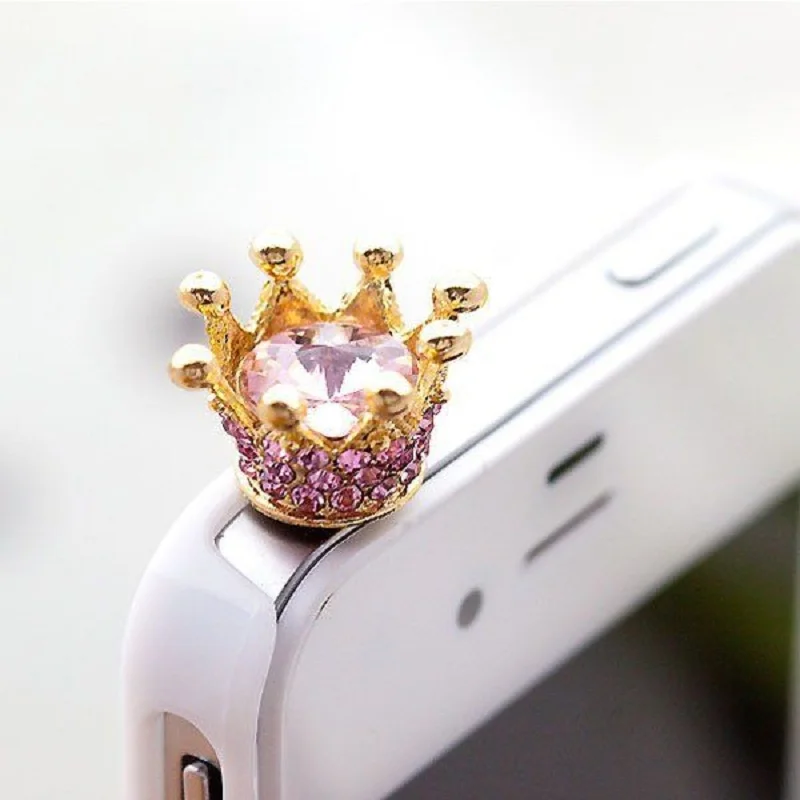 HOT SALE 3.5mm Crystal Rhinestones Cellphone Charms Earphone Audio Headphone Anti Jack Crown Dust Plug Phone