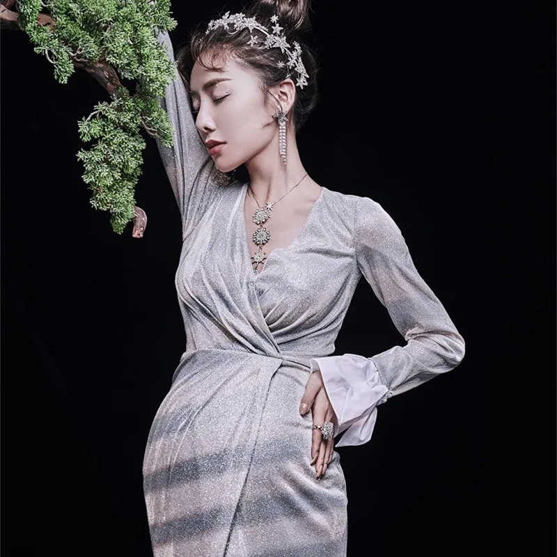 Long Maternity Photography Dresses Silver Glitter V-neck Long Sleeve Dress For Pregnant Women Pregnancy Photo Shoot Clothes