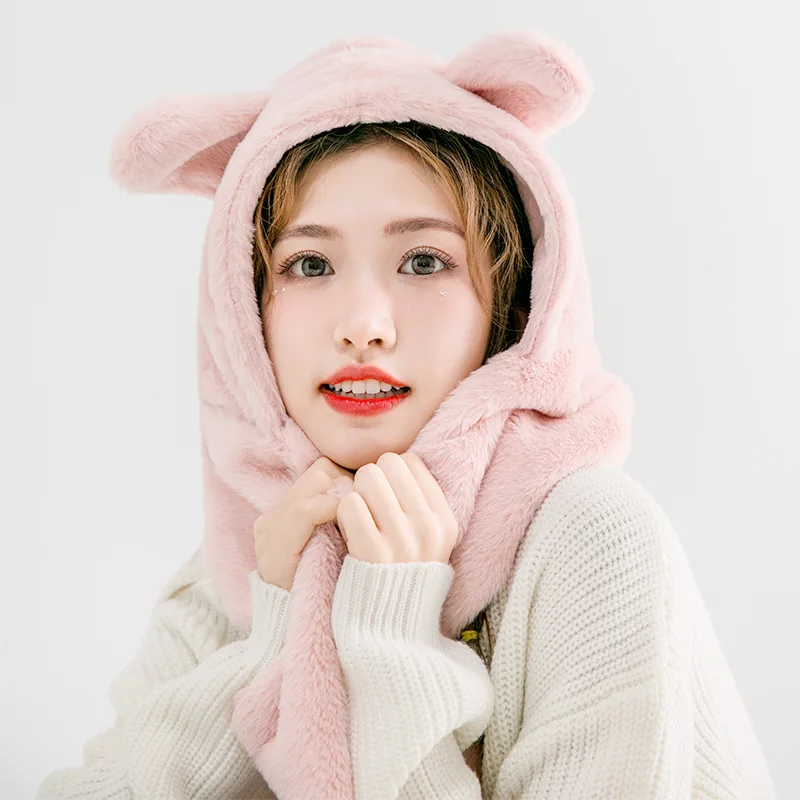 2021 New Imitation Rabbit Hair Scarf Hat Two Piece Set Autumn Winter Warm Women's Rabbit Ear Hat Bib Rwo In One