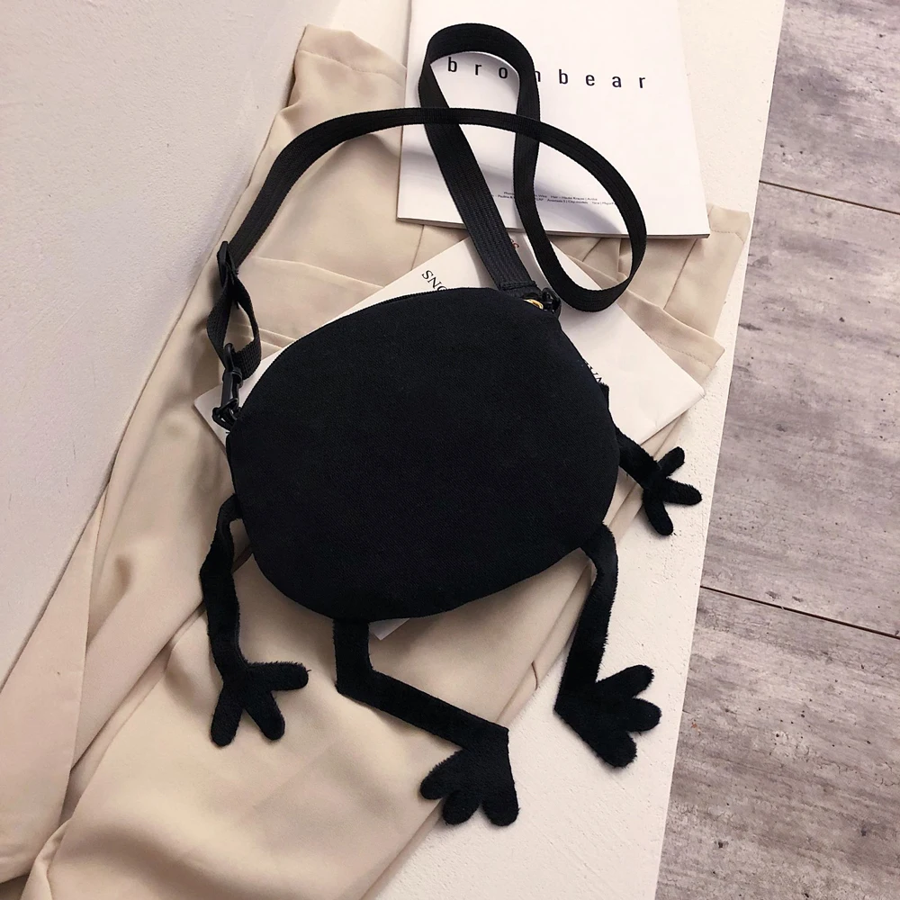 New Cartoon Big-eyed Monster Women\'s Bag Small Messenger Bag Unisex Black Canvas Shoulder Bag Telescopic shoulder strap Handbags