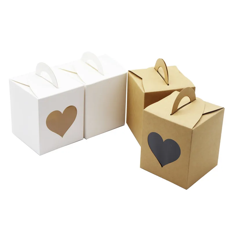 

40Pcs 9.5*9.5*11cm Square Portable Packaging Carton Retro Kraft Paper Candy Cake Box With Heart-Shaped Window