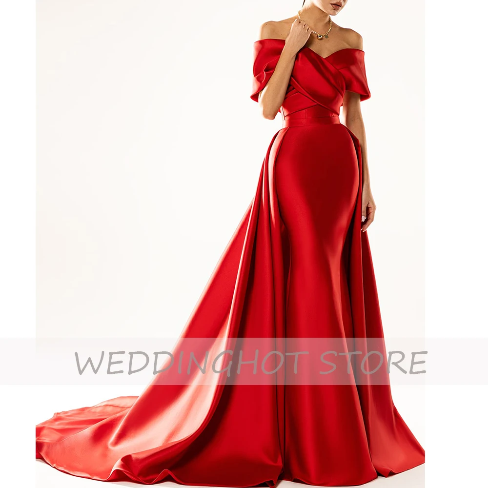 Red Mermaid Evening Dresses Long Luxury 2023 Women Satin Elegant Detachable Train Prom Gowns V-Neck Celebrity Robes De Soirée