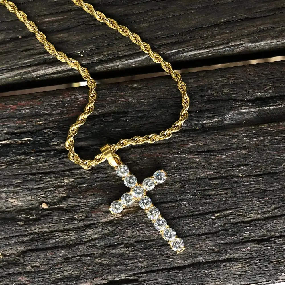 1 Row AAA CZ Stone Cubic Zirconia Cross Pendants Necklaces Gold Silver Color Men Hip Hop Bling Ice Out Rapper Jewelry