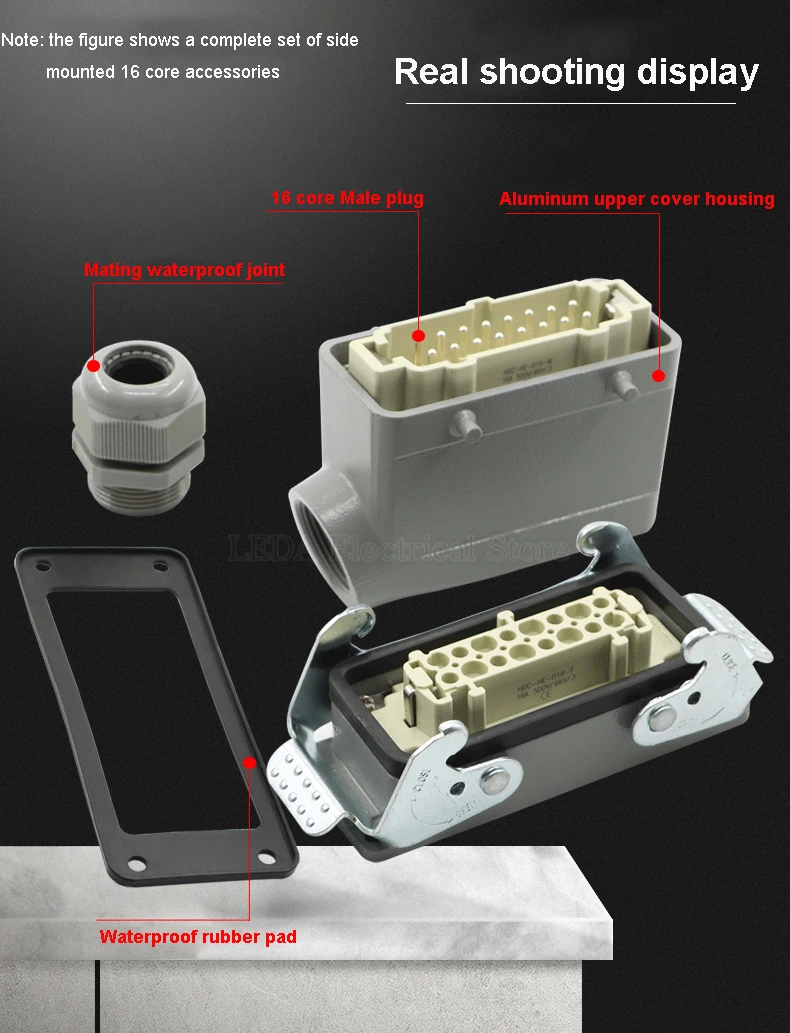 HDC-HE-024 Rectangular Heavy Duty Connectors 4 6 8 10 16 20 24 32 48 Core 16A Waterproof Aviation Plug Top Side Line Connector