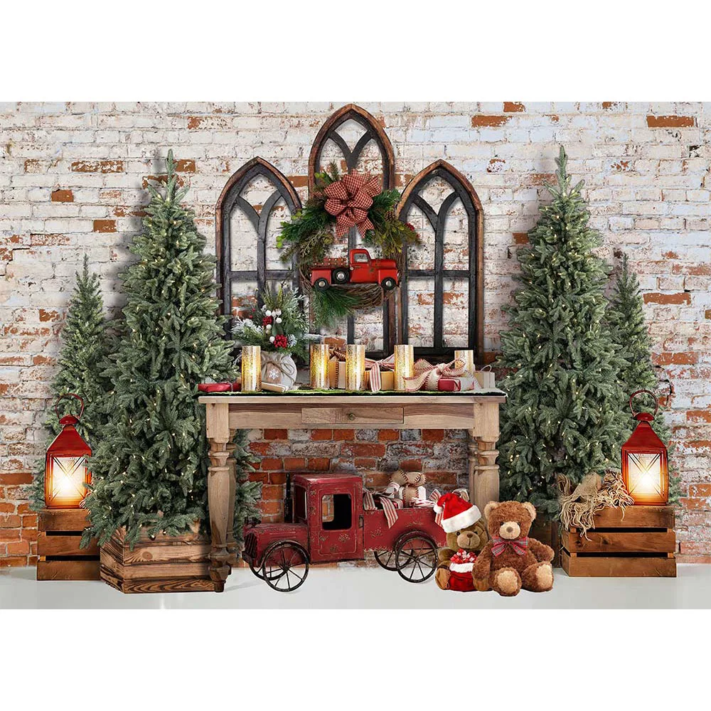 Mocsicka 크리스마스 트리 배경 사진 실내 벽돌 벽 장난감 곰 선물 장식 어린이 아기 초상화 사진 배경 배너