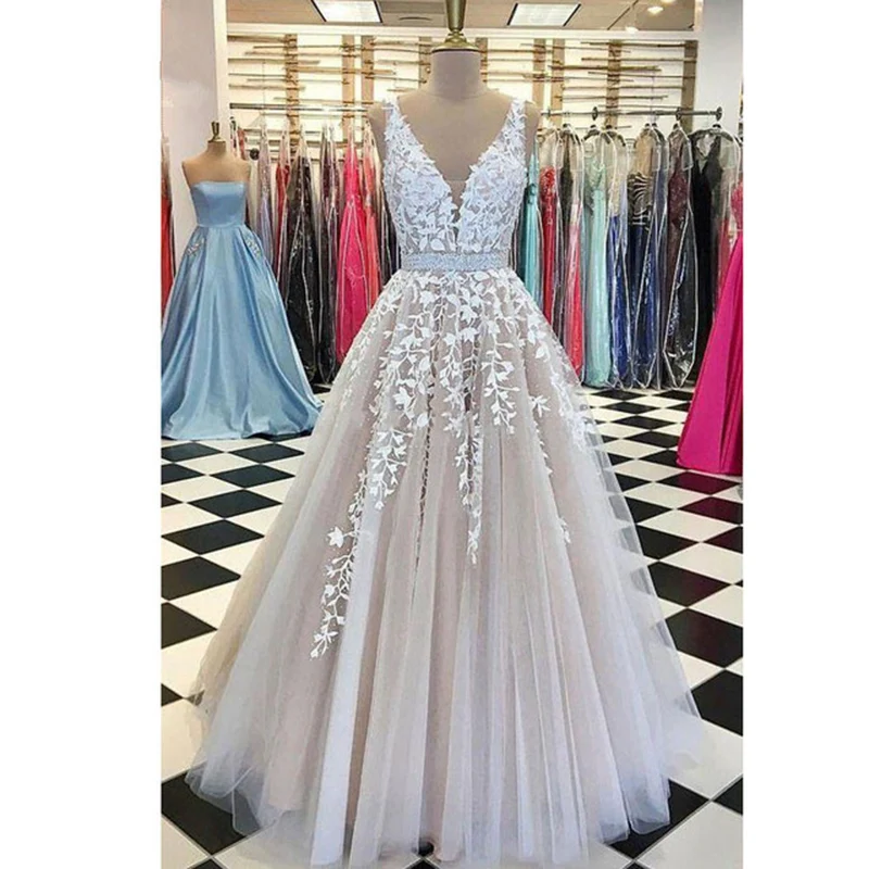 Vestido De Fiesta 2020 Princess Prom Dress Champagne A-Line Tulle Deep V-Neck Appliqued Women Evening Dresses Long Party Gown