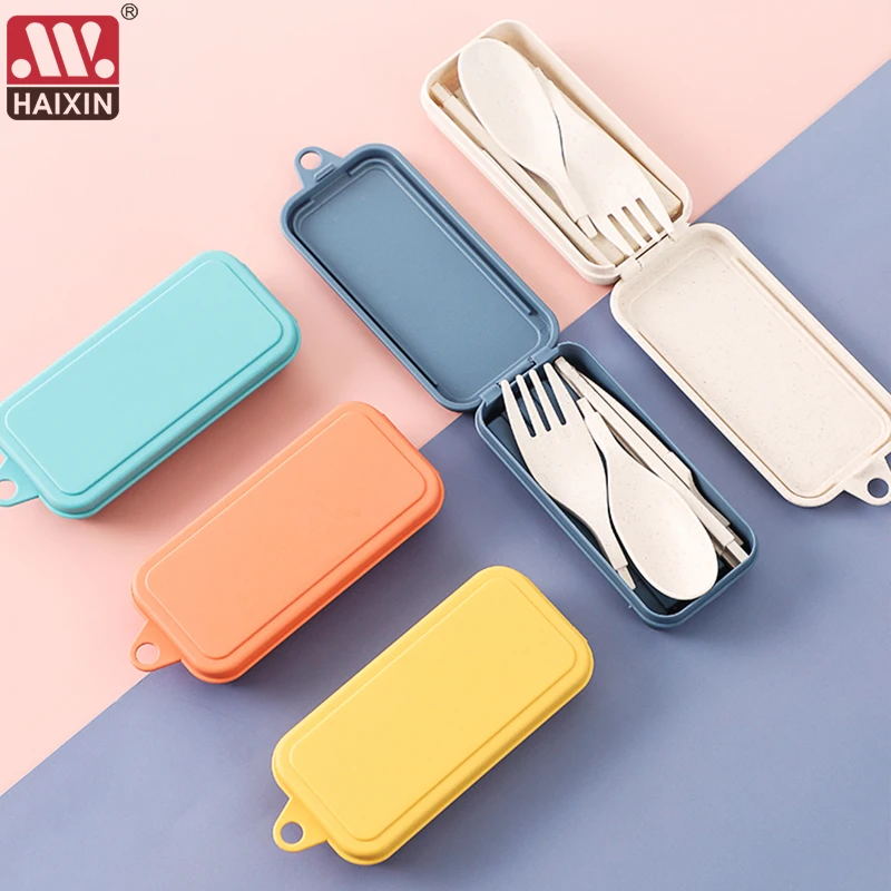 

4pcs/set Travel Cutlery Portable Cutlery Box Japan Style Wheat Straw Knife Fork Spoon Student Dinnerware Sets Kitchen Tableware