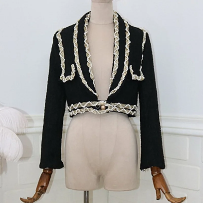 

Retro Heavy Industry Pearl Woolen Woven Short Jacket women new fashion coat