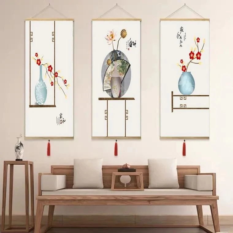 

Wood Scroll Painting Chinese Style Vase Canvas Painting Poster Art Wall Hanging Living Room Bedroom Vintage Room Decor Aesthetic