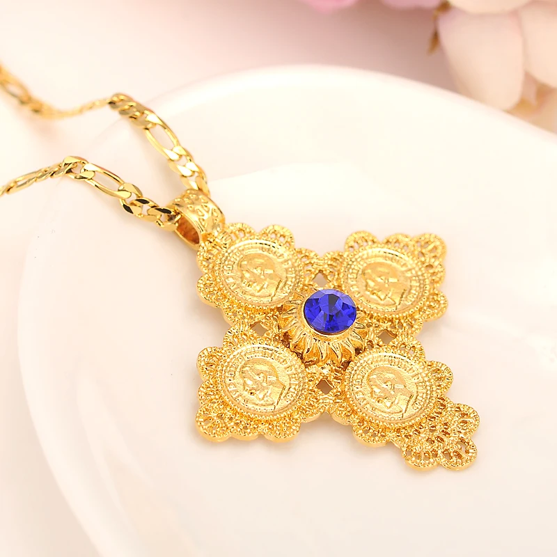 Ethiopia small Coin cz stone crystal Pendant Necklaces Women Gold Color Jewelry Africa Crosses Ethiopian Cross Eritrea