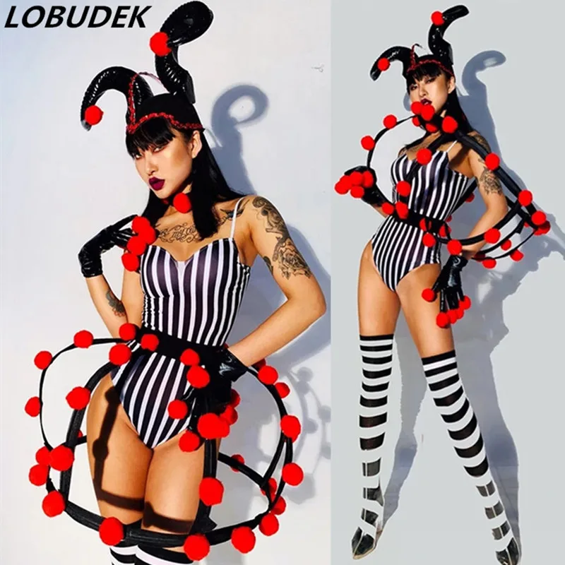 Halloween Clown Cosplay Costume Black White Stripe Bodysuit Headgear Show Party Nightclub Costume Singer Dance Team Stage Outfit