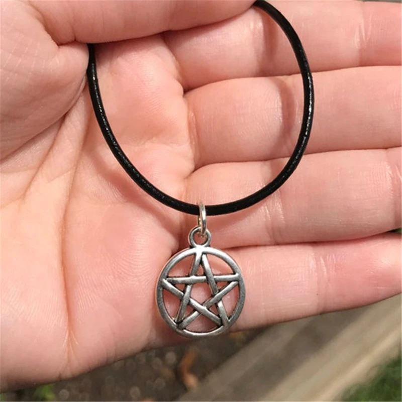 Pentagram Charm Choker Necklace Black Leather Choker, Punk Necklace for Woman