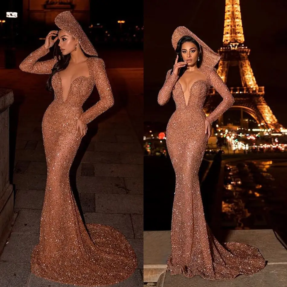 2020 Long Mermaid Evening Gowns Luxury Sparkly Sequins Deep V Neck Long Sleeve Prom Dresses Illusion Formal vestidos de novia