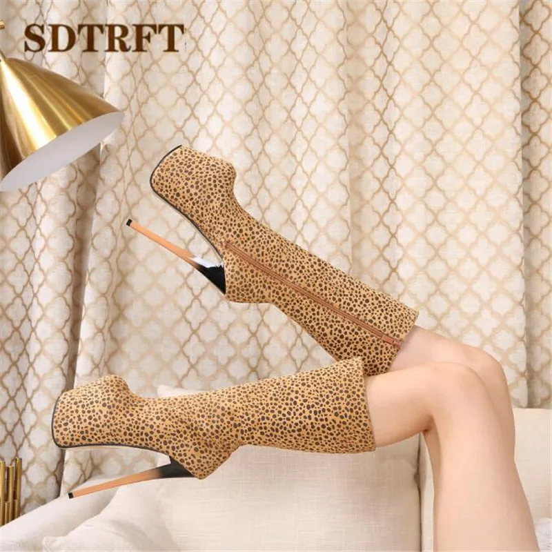 SDTRFT scarpe con stampa leopardata donna 19cm tacchi sottili stivali al ginocchio punta tonda piattaforma botas mujer botas décolleté US14 15 16 17