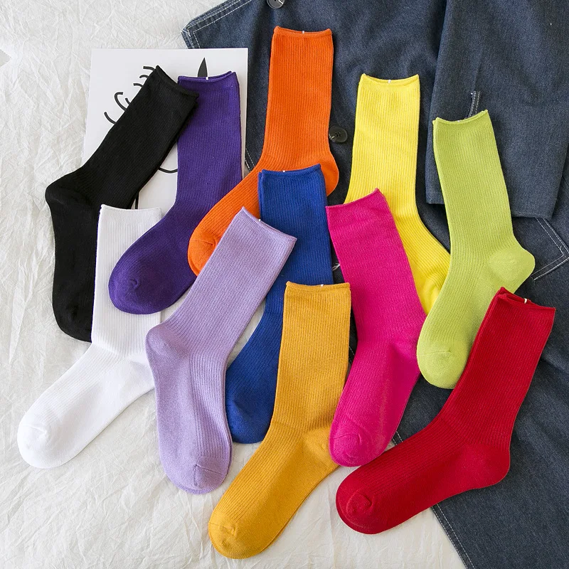 Color Harajuku Retro Women Lady Cotton Loose Socks Korean Purple Klein Blue Yellow Red Designer Christmas Cute mori japanese