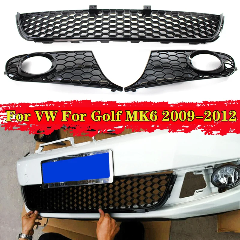 

3PCS Car Front Bumper Fog Light Lamp Grille Grill Cover Bezel Set Lower Grille For VW Golf MK6 2009 2010 2011 2012 5K0853665