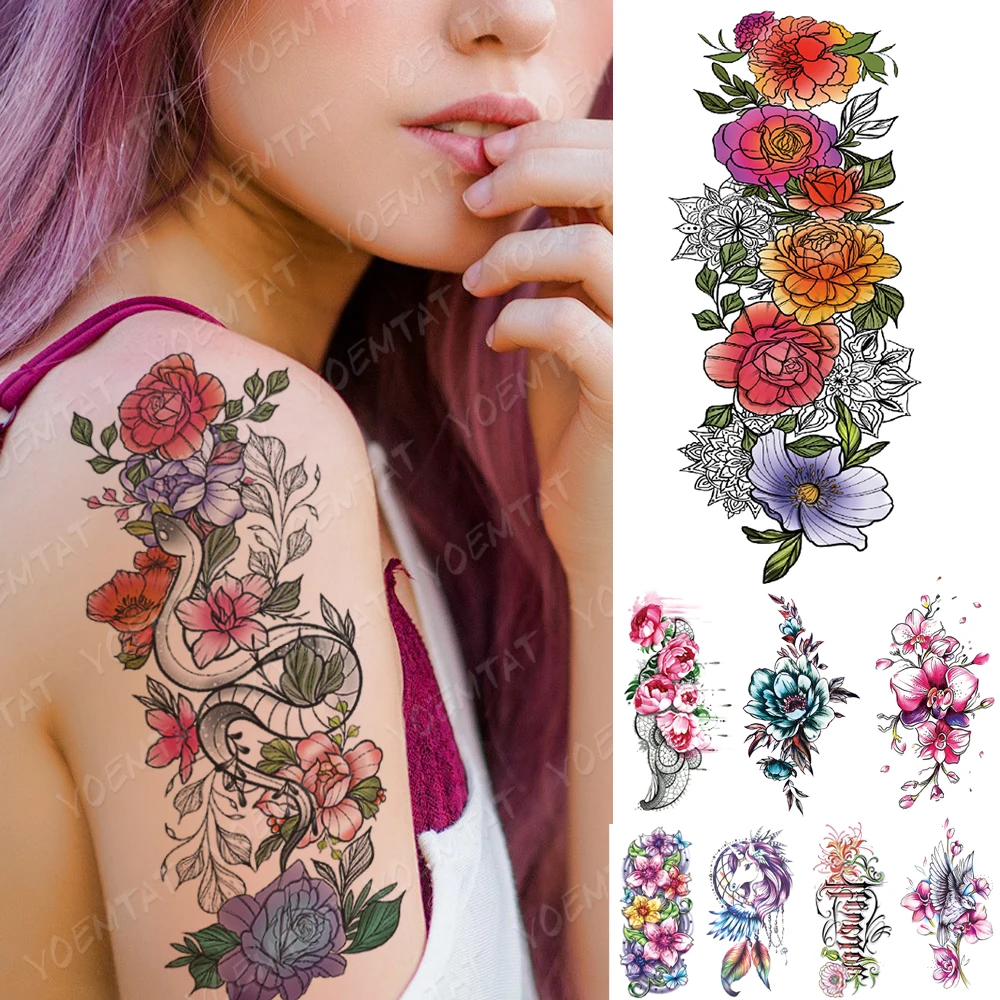 

Waterproof Temporary Tattoo Sticker Romantic Peony Flowers Roses Flash Tattoos Leaves Body Art Arm Fake Sleeve Tatoo Women Men