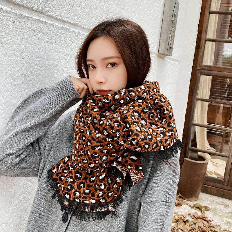 Fashion Imitation Cashmere Women Vintage Leopard Print Scarf Winter Warm Shawl Long Wrap Casual Knitted Female Thick Blanket